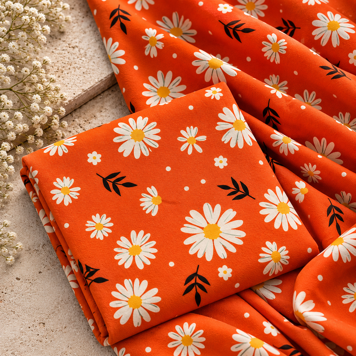 Daisy Flowers Seamless Pattern Linen Fabric 2pc