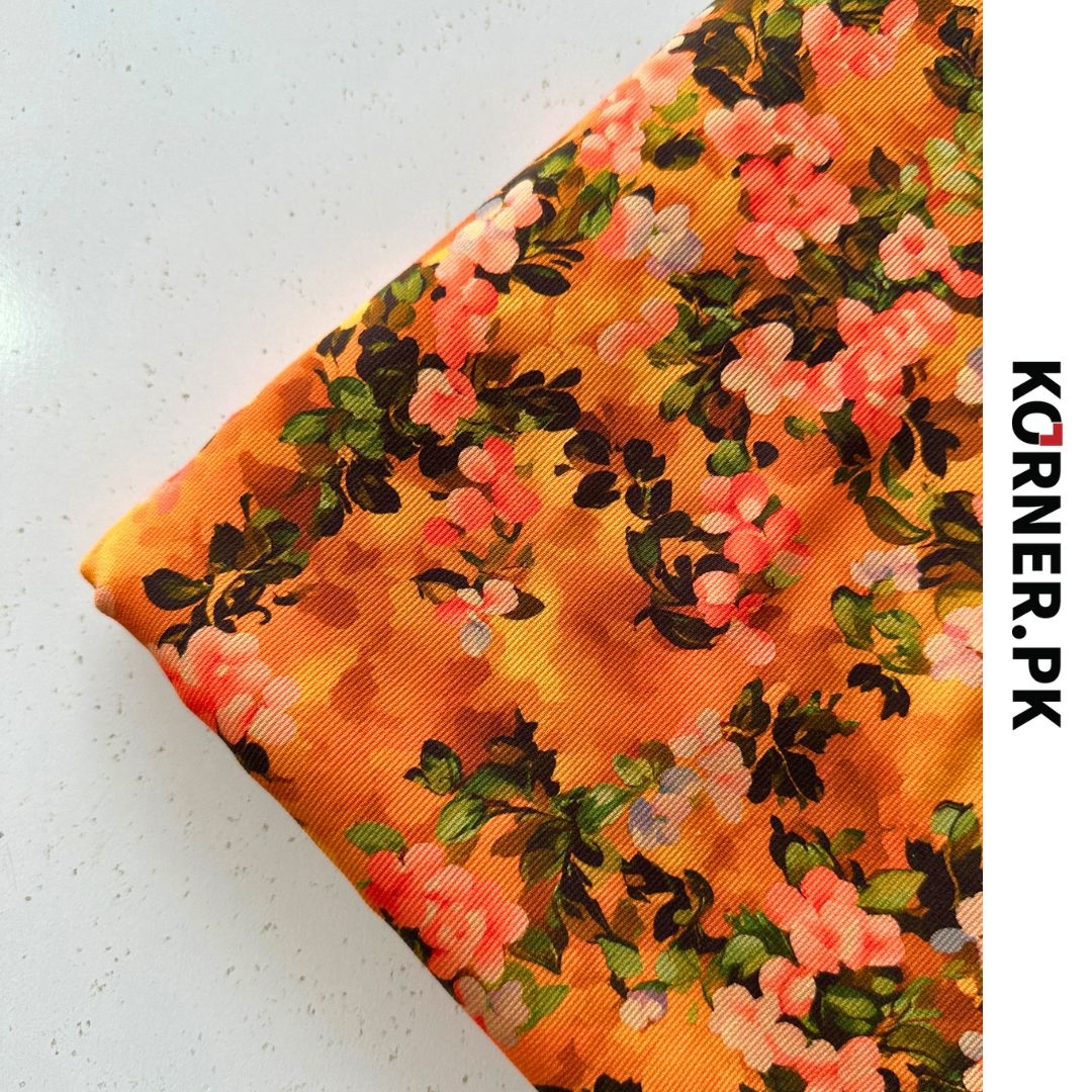 Orange Digital Floral Print Corduroy Fabric 2pc
