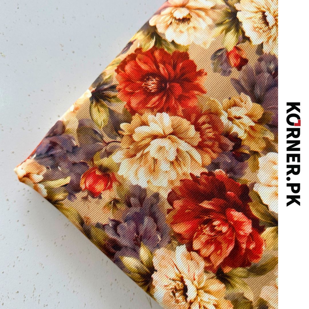 Red Beige Dark Purple Flowers Print Corduroy Fabric 2pc